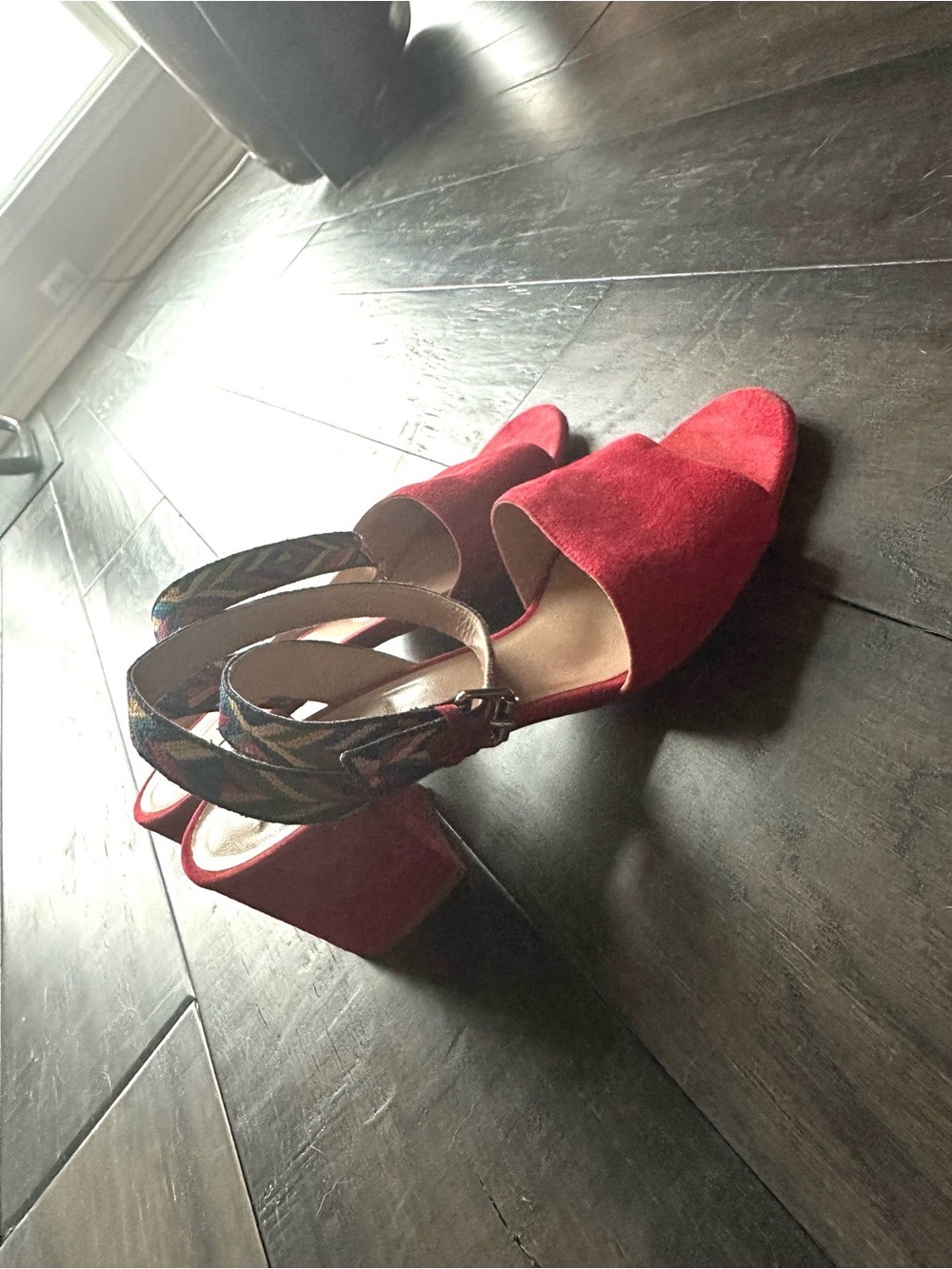 Valentino garavani Red Suede Block Heel Sandals with Multicolor Woven Strap